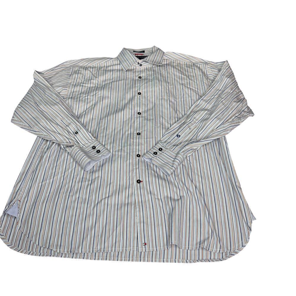 Tommy Hilfiger Men's XL 80's 2 Ply Fabric Dress Shirt Blue Tan White Stripes LS